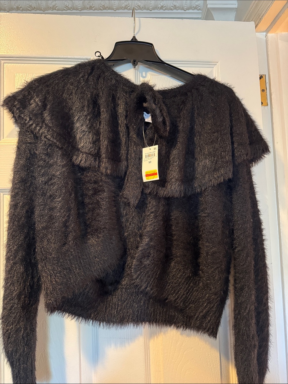 Sugar Black Fuzzy Long-Sleeve Top with Tie Collar